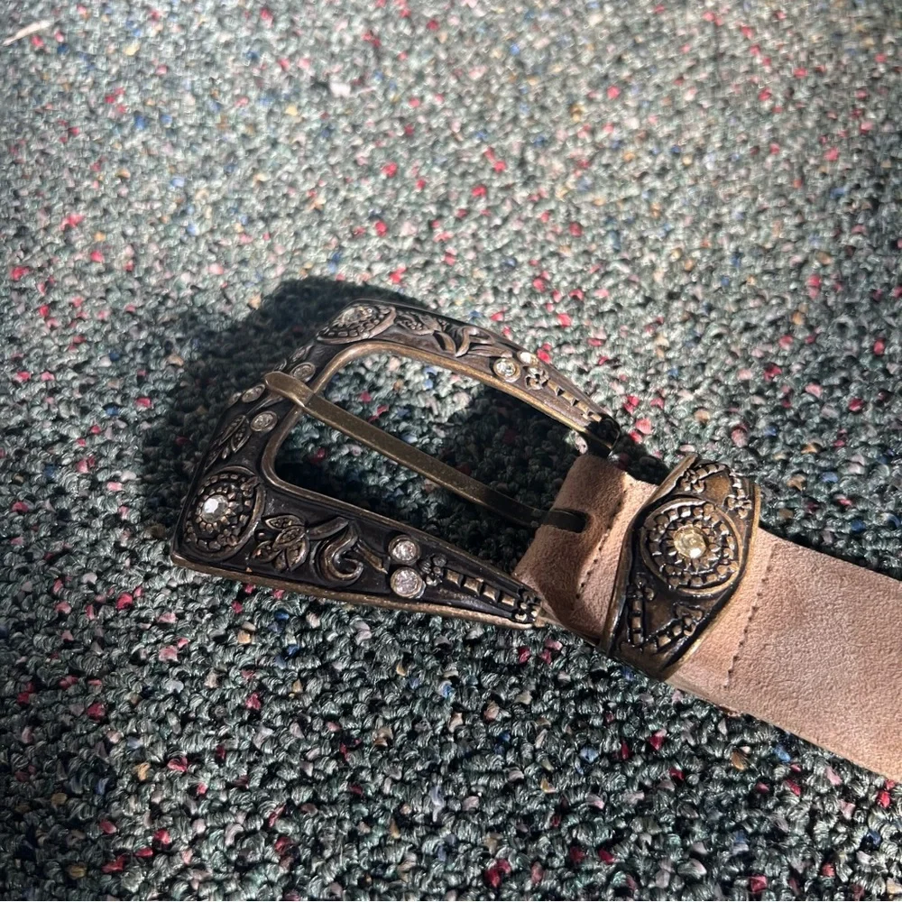 Big Buckle Brass Country Ranch Western Style Tan Suede Thick Belt Accessory L-XL
